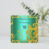 女子エレガント誕生日パーティーグリーンティール(緑がかった色) 招待状 (スタンド正面)