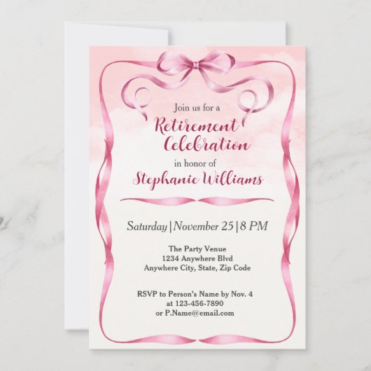 女子エレガント退職式ピンクボウ縁どパーティー 招待状 (正面)