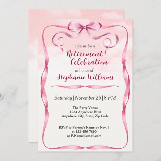 女子エレガント退職式ピンクボウ縁どパーティー 招待状 (正面/裏面)