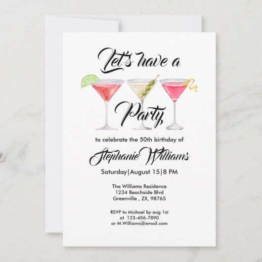 女子カクテルサマー50歳の誕生日パーティー 招待状 (正面)