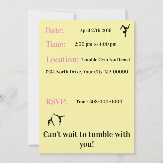 女子カスタム体操の誕生日パーティーへの招待 (裏面)