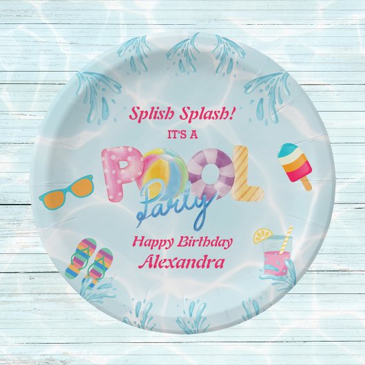 女子カラフルスイミングプール誕生日パーティー ペーパープレート