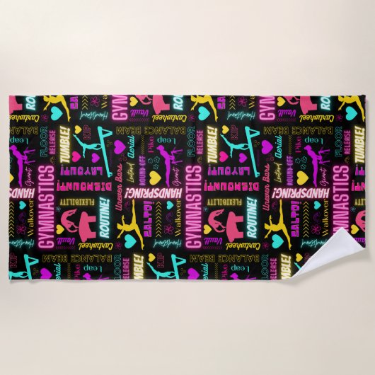 女子カラフル体操の用語集タイポグラフィ ビーチタオル (正面)