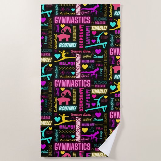 女子カラフル体操の用語集タイポグラフィ ビーチタオル (正面)