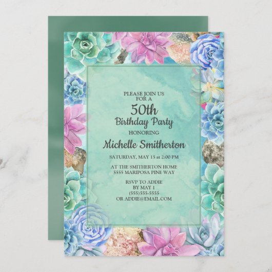 女子カラフル多肉目サボテン50誕生日 招待状 (正面/裏面)