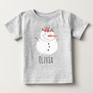 女子カワイイクリスマスフラワー雪だるま&ネーム ベビーTシャツ