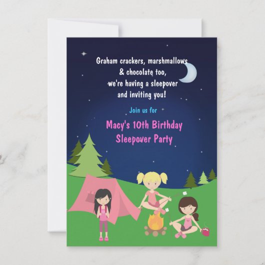 女子キャンプ スリープオーバー 誕生日パーティー ご招待 招待状 (正面)