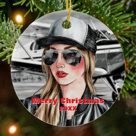 女子クールパイロット&セスナ水彩飛行機 セラミックオーナメント