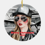 女子クールパイロット&セスナ水彩飛行機 セラミックオーナメント (裏面)