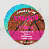 女子グリッターバスケットボール誕生日ピンクボール 招待状 (正面/裏面)