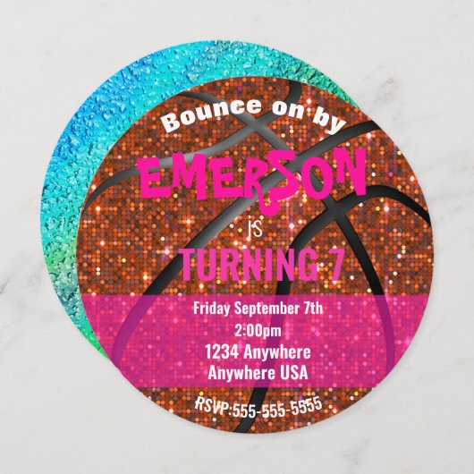 女子グリッターバスケットボール誕生日ピンクボール 招待状 (正面/裏面)