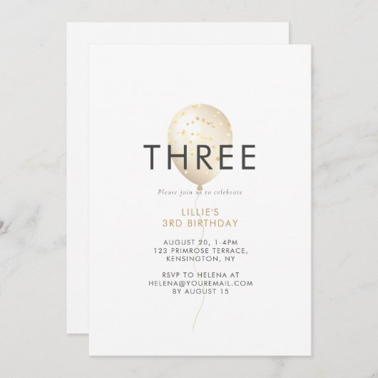 女子グリッター金ゴールド3rd誕生日パーティー 招待状 (正面/裏面)