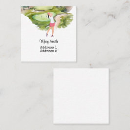 女子ゴルファーがゴルフ場の水彩画をゴルフ中 スクエア名刺