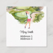 女子ゴルファーがゴルフ場の水彩画をゴルフ中 スクエア名刺 (正面)