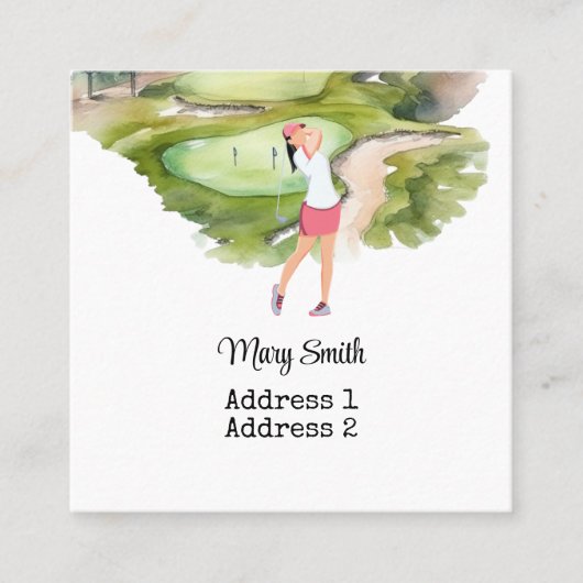女子ゴルファーがゴルフ場の水彩画をゴルフ中 スクエア名刺 (正面)
