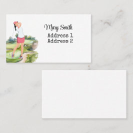 女子ゴルファーがゴルフ場の水彩画をゴルフ中 名刺