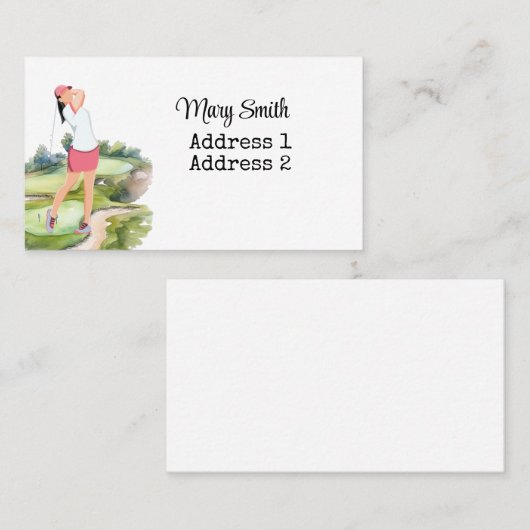 女子ゴルファーがゴルフ場の水彩画をゴルフ中 名刺 (正面/裏面)