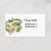 女子ゴルファーがゴルフ場の水彩画をゴルフ中 名刺 (正面)