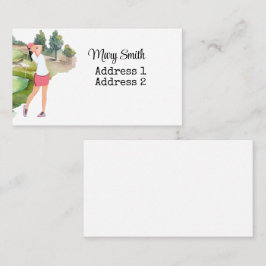女子ゴルファーがゴルフ場の水彩画をゴルフ中 名刺