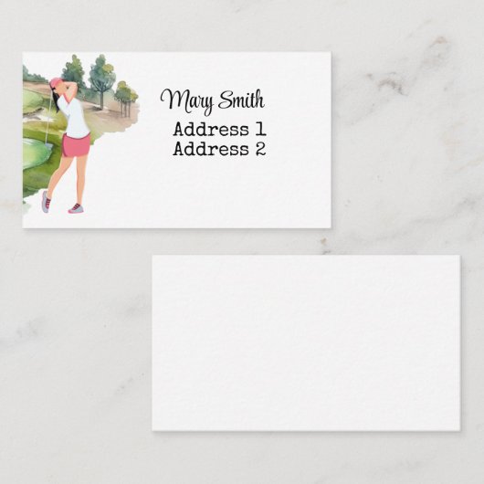 女子ゴルファーがゴルフ場の水彩画をゴルフ中 名刺 (正面/裏面)