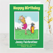 女子ゴルファーがツイストに乗るゴルフおもしろいマンガ カード (黄色い花)