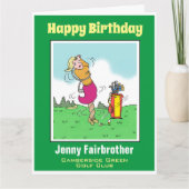 女子ゴルファーがツイストに乗るゴルフおもしろいマンガ カード (正面)