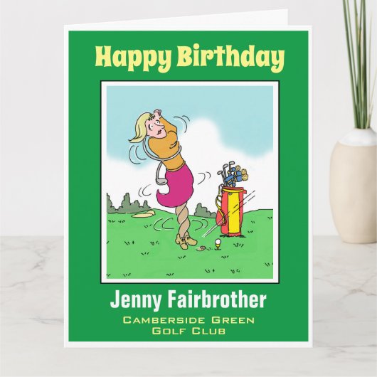 女子ゴルファーがツイストに乗るゴルフおもしろいマンガ カード (正面)