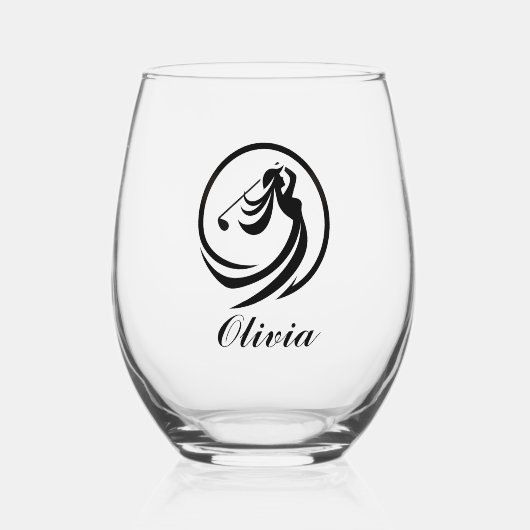 女子ゴルフプレーヤーシルエットパーソナライズされた ステムなしワイングラス (正面)