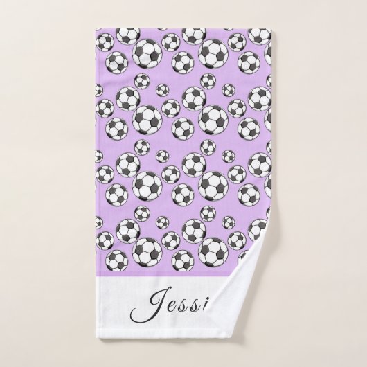 女子サッカーかわいいピンクの球柄のキッズチーム名 ハンドタオル (ハンドタオル)