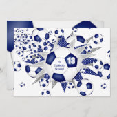 女子サッカーの誕生日ブルーサッカーボールの吹き出し 案内状 (正面/裏面)