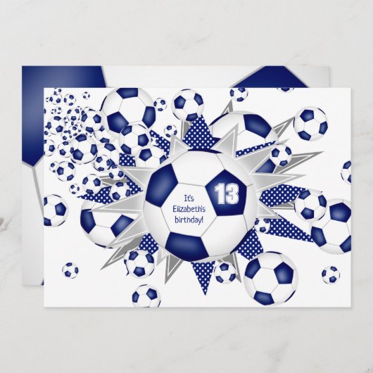 女子サッカーの誕生日ブルーサッカーボールの吹き出し 案内状 (正面/裏面)