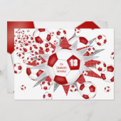 女子サッカーの誕生日レッドサッカーボールが星 案内状 (正面/裏面)