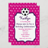 女子サッカーバースデー招待状 - ピンクにパープル 招待状 (正面/裏面)
