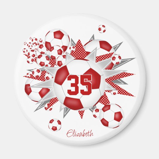 女子サッカーパーソナライズされたのボールが赤く膨らむ マグネット (正面)