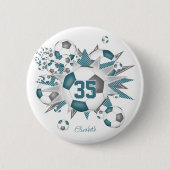 女子サッカーパーソナライズされたボール星ティール(緑がかった色)グレイ 缶バッジ (正面)