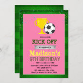 女子サッカーパーティーの誕生日の招待 招待状 (正面/裏面)