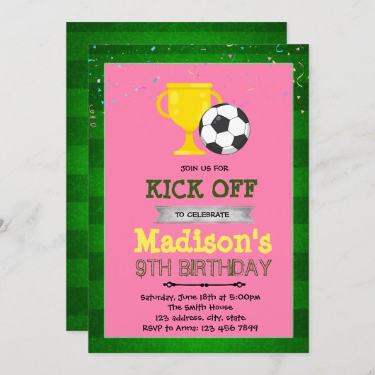 女子サッカーパーティーの誕生日の招待 招待状 (正面/裏面)