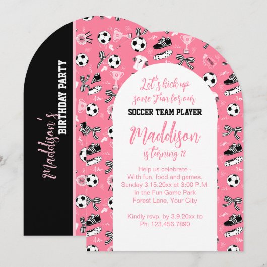 女子サッカープレーヤーの誕生日パーティー ピンクの女の子 招待状 (正面/裏面)