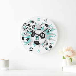 女子サッカーボールのパンク光ティール（緑がかった色）グレイ星 ラージ壁時計