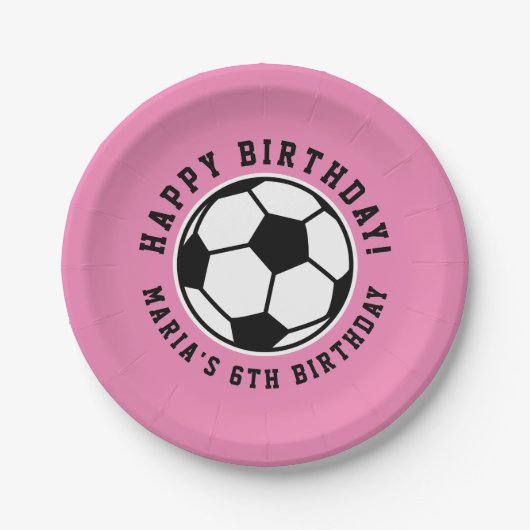 女子サッカーボールスポーツ誕生日カスタムピンクパップ ペーパープレート (正面)