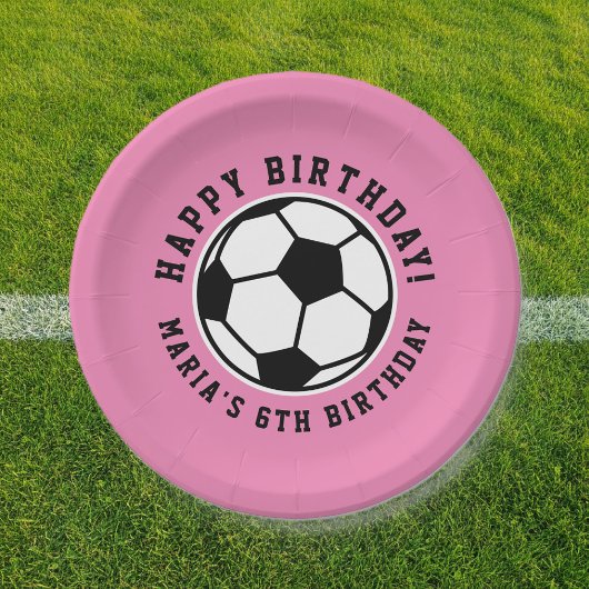 女子サッカーボールスポーツ誕生日カスタムピンクパップ ペーパープレート