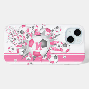 女子サッカーモノグラムののボールがピンク色の灰色のパンク iPhone 15ケース