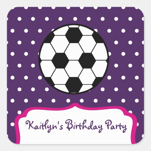 女子サッカー誕生日パーティー – 紫Wピンク スクエアシール (正面)