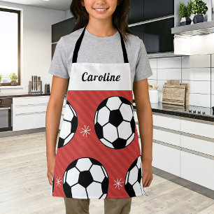 女子サッカー赤ボール&雪片キッズ名かわいい エプロン