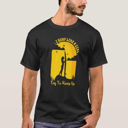 女子サーファーのようなサーフレトロサーフィン Tシャツ (正面)
