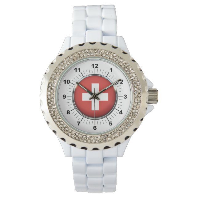 女子スイス国旗Rhinestone WhitevWatch 腕時計 (正面)