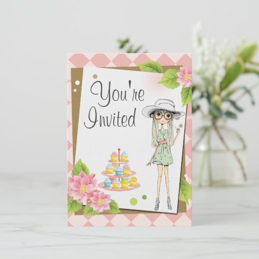 女子スタイリッシュ10代のバースデーパーティ招待状 招待状 (スタンド正面)