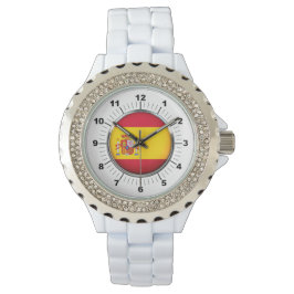 女子スペイン国旗Rhinestoneホワイトエナメルウォッチ 腕時計