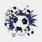 女子スポーツでブルーブラックスターズのサッカーボール メタルオーナメント (正面)