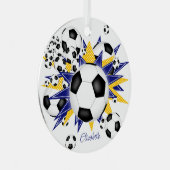 女子スポーツで青い金ゴールドのサッカーボール メタルオーナメント (正面右)